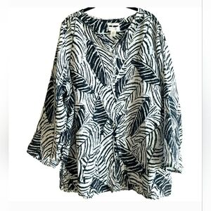 Cynthia Rowley Women's Plus Botanical 100% Linen Top Blouse Roll Sleeve Size 1X